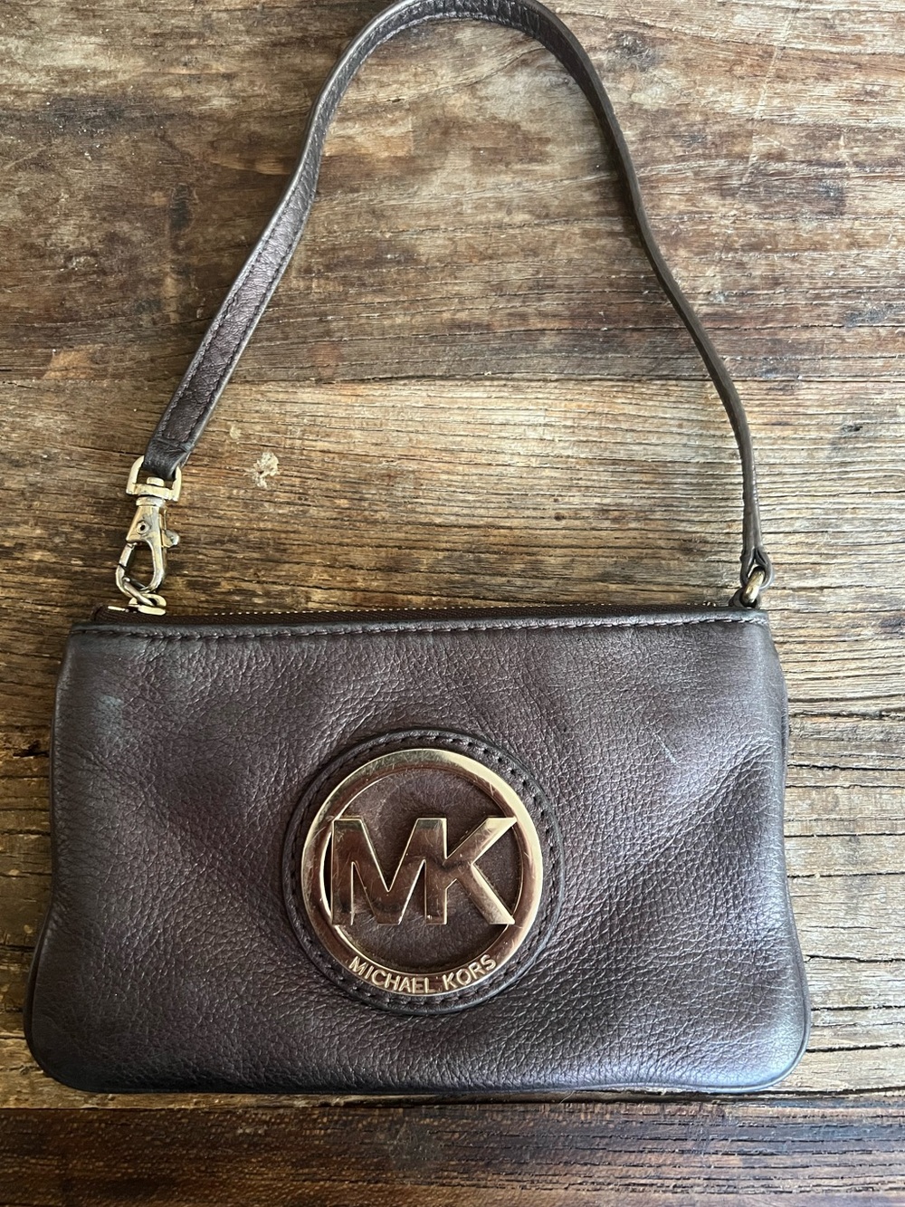 Michael Kors Chocolate Brown Leather Wristlet with Gold MK Emblem